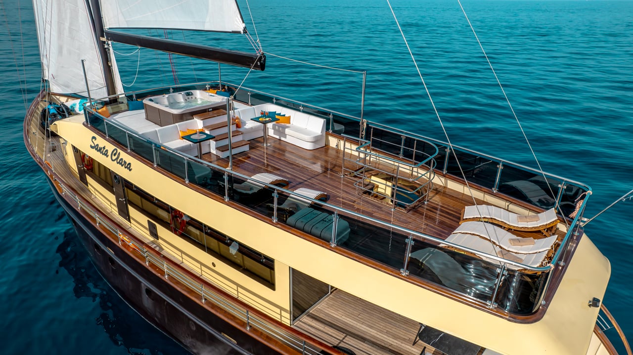 Luxury gulet Santa Clara sailing on the Adriatic Sea with sun deck, jacuzzi and lounge area